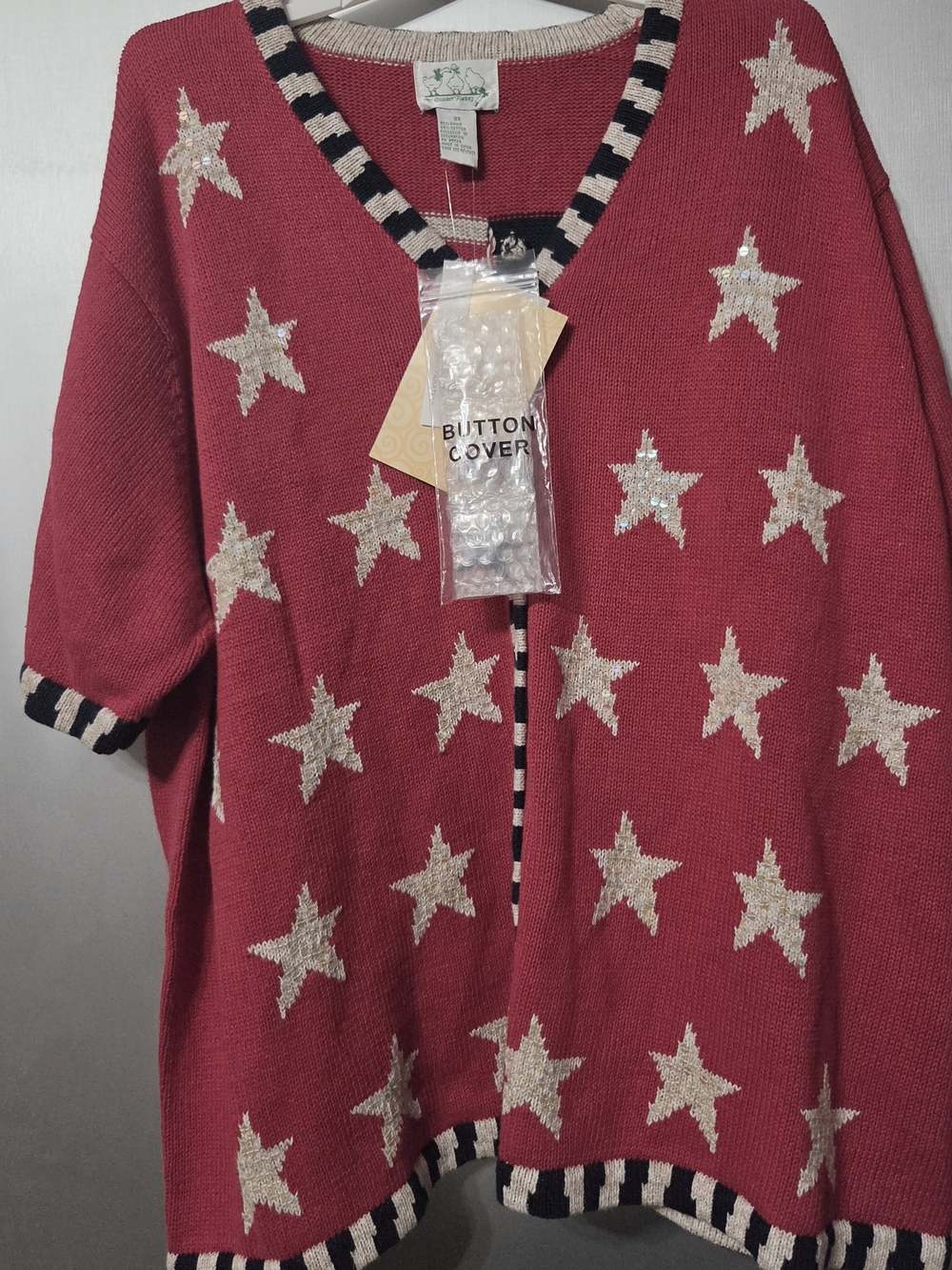 WOMENS NWT QUACKER FACTORY PATRIOTIC SHORT SLEEVE BUTTON DOWN SWEATER. 3X